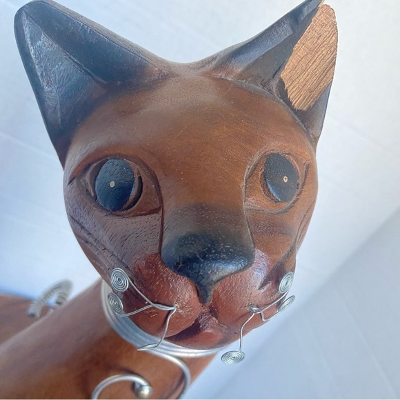 Siamese Cat Wood Statue Hand Carved Mixed    Media Wire Wrapped Art Figurine - Picture 3 of 15